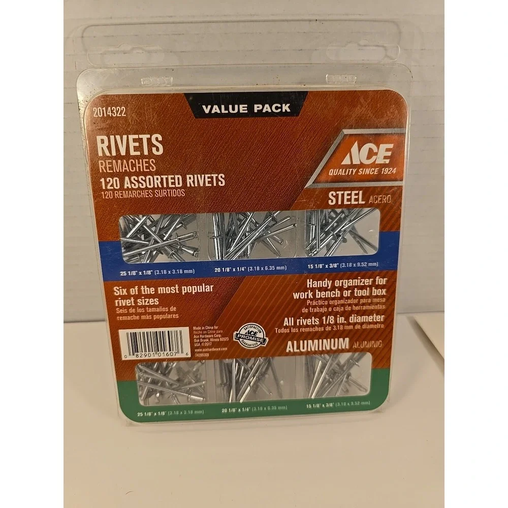 Ace 2014322, 1/8 in. Dia. x 1/8 in. Aluminum, Steel Assorted Rivets 120 pk. FS
